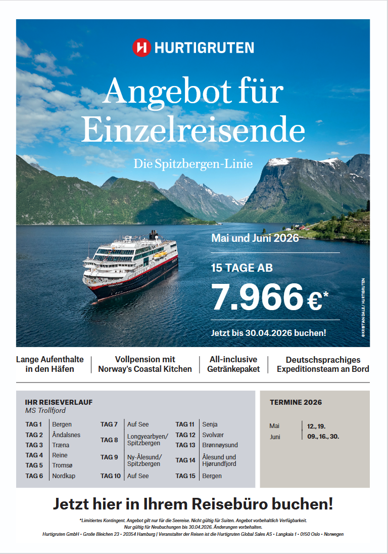 Hurtigruten Spitzbergen Linie Angebot Alleinreisende 2026